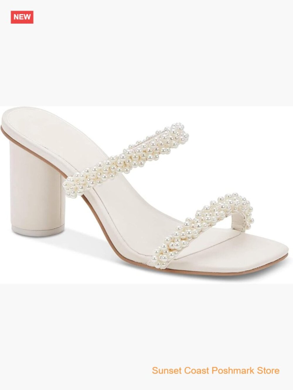 Chunky Heeled Sandals Pearl Strappy Open Square Toe Slip-on Block Heels